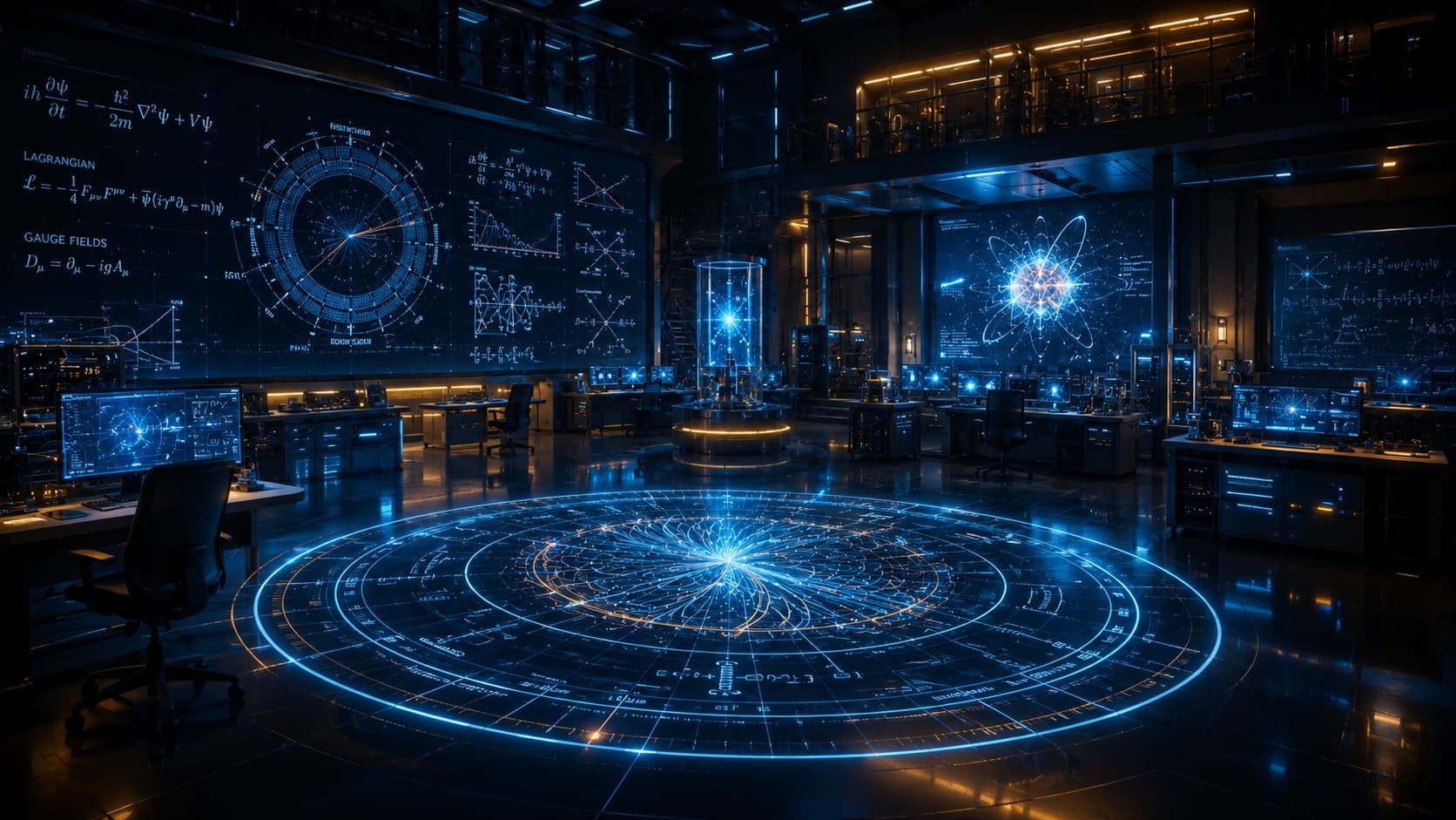 Physics lecture hall with equations on a chalkboard