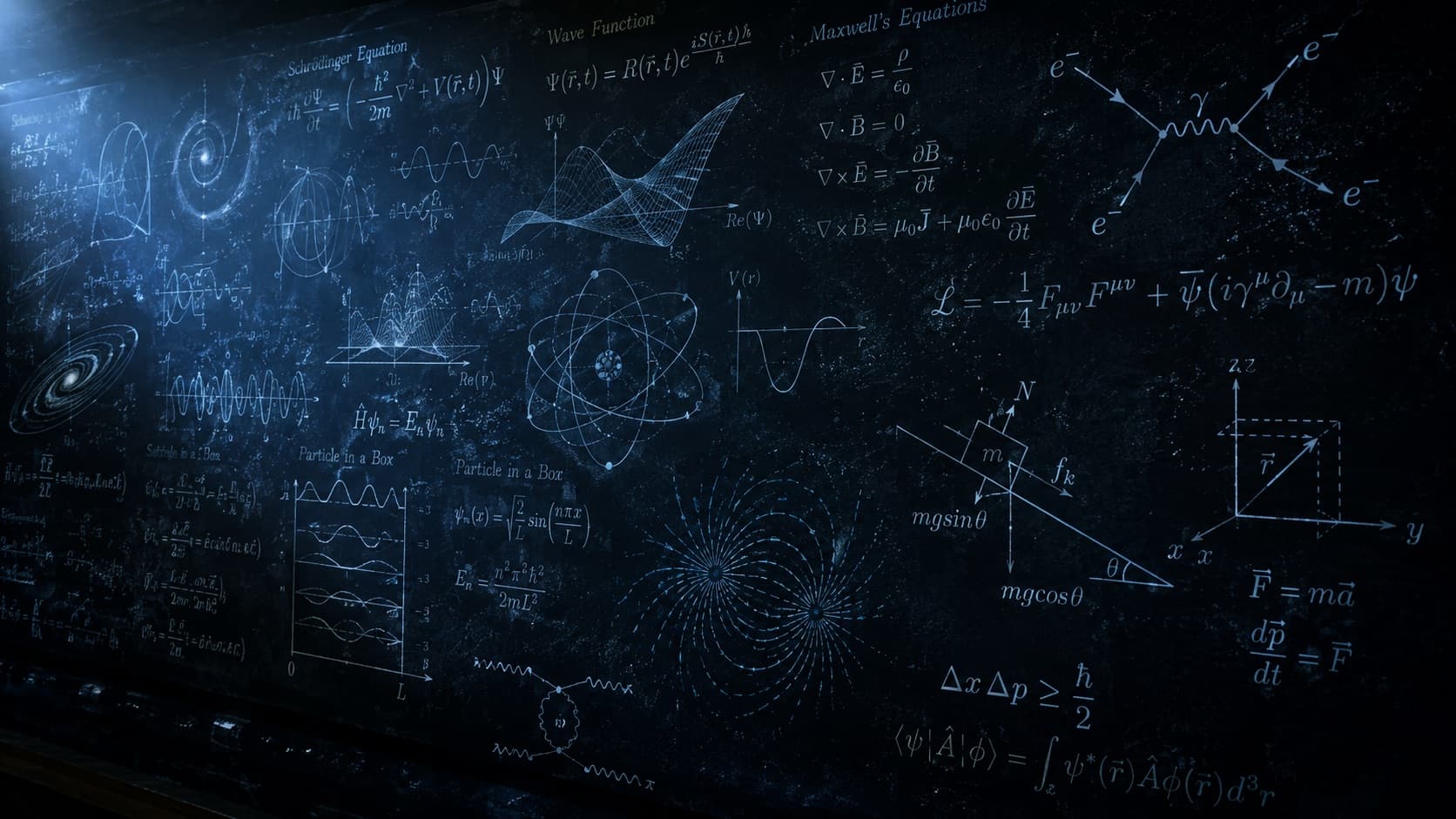 Physics equations and diagrams on a chalkboard