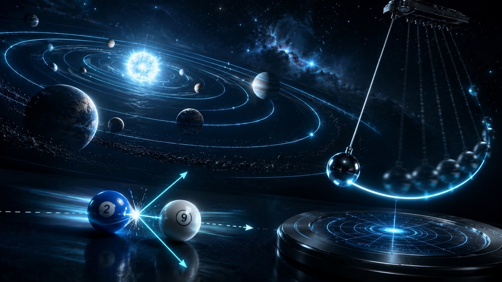 Orbiting planets and pendulum illustrating classical mechanics principles