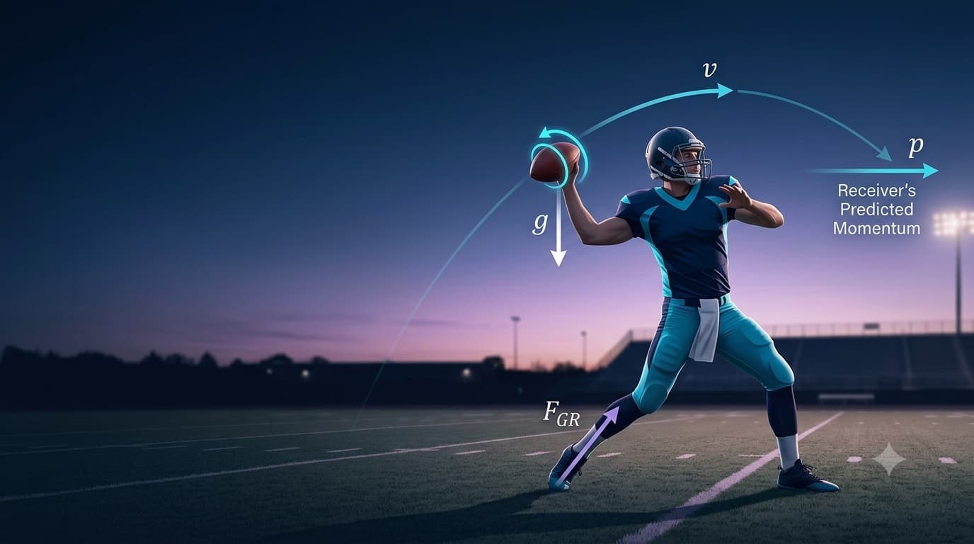 Quarterback preparing to throw a football with physics overlays