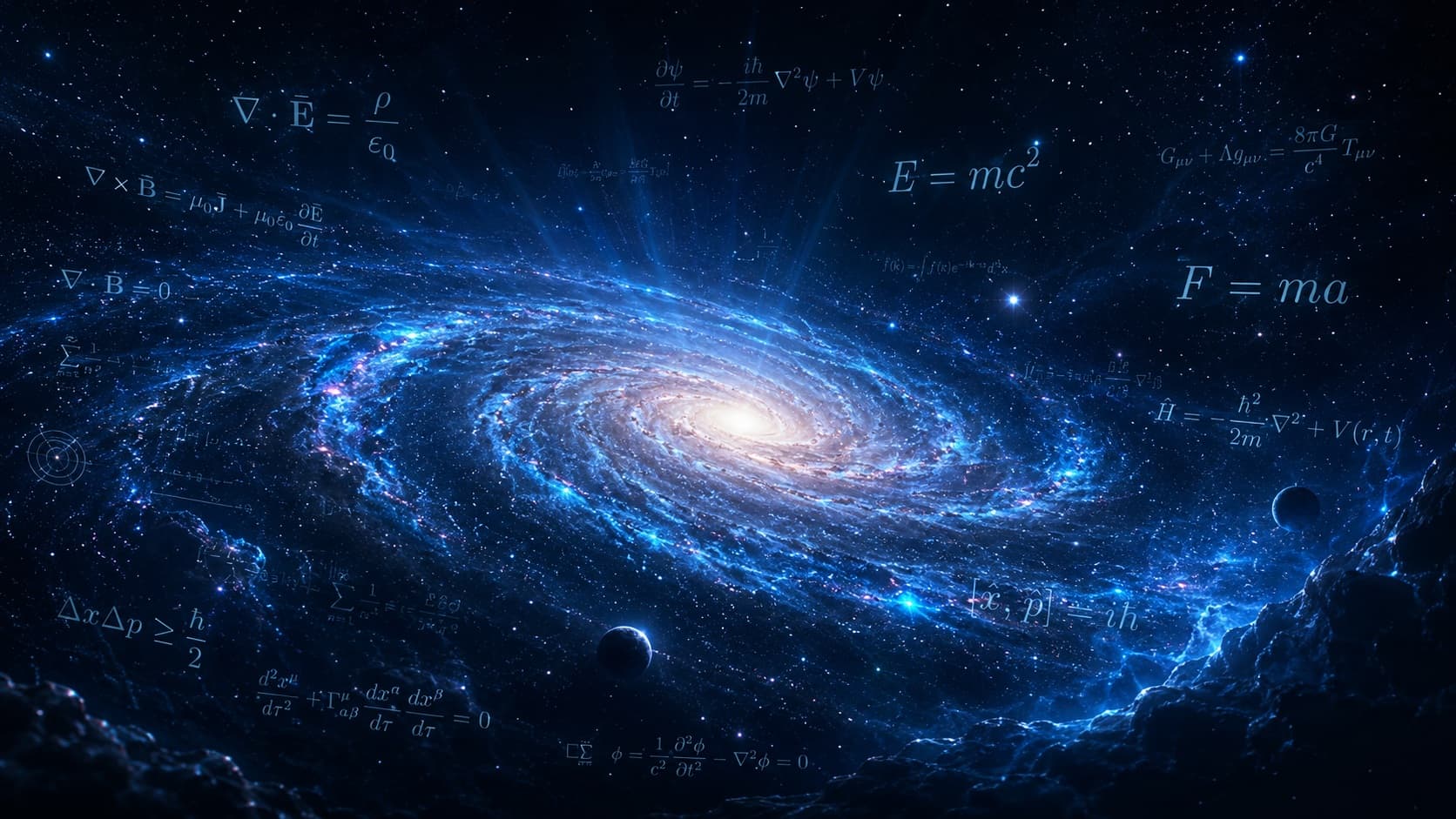 Abstract physics visualization — waves, fields, and starfield