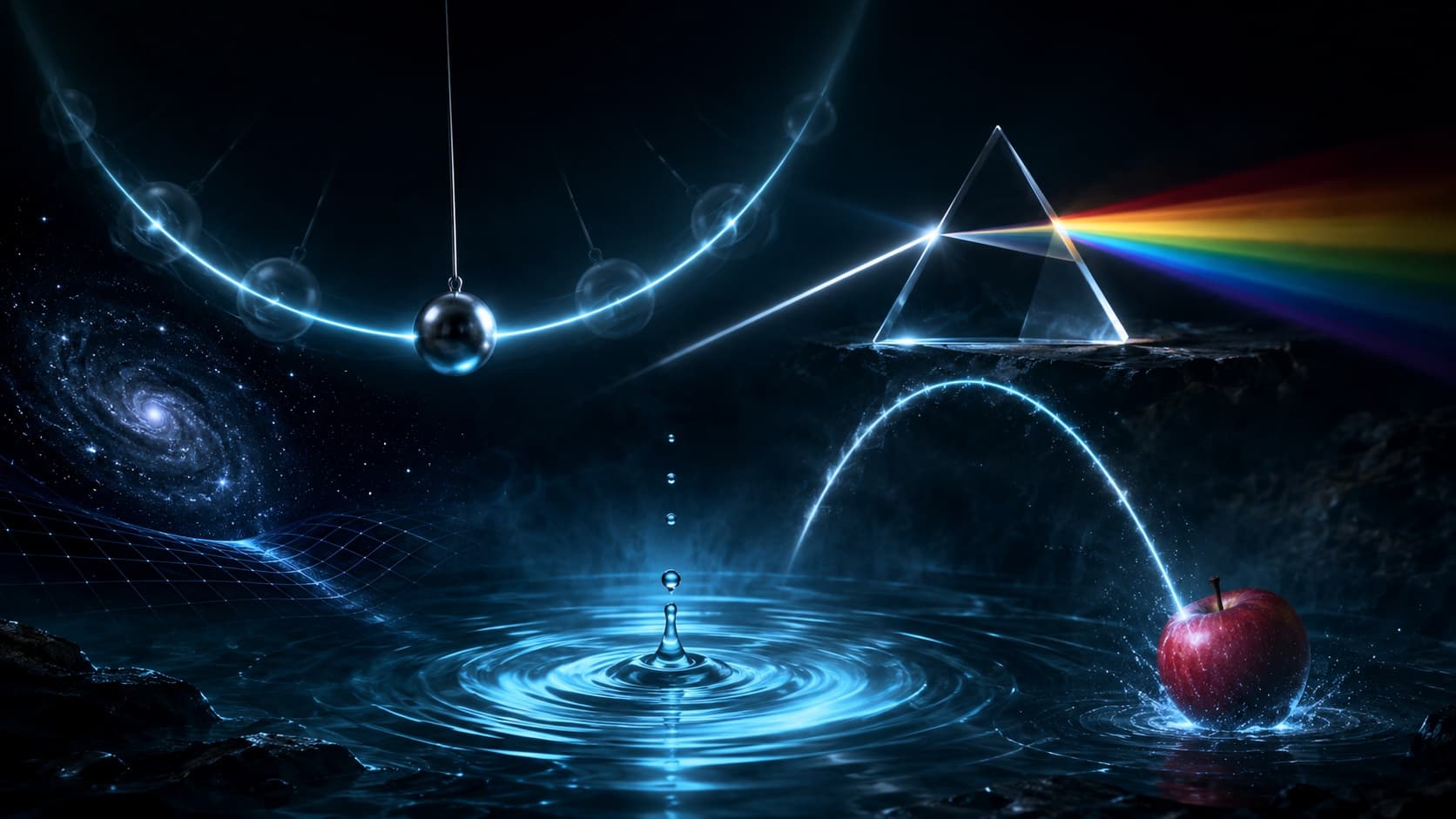 Colorful abstract representation of physics concepts including motion, waves, and light