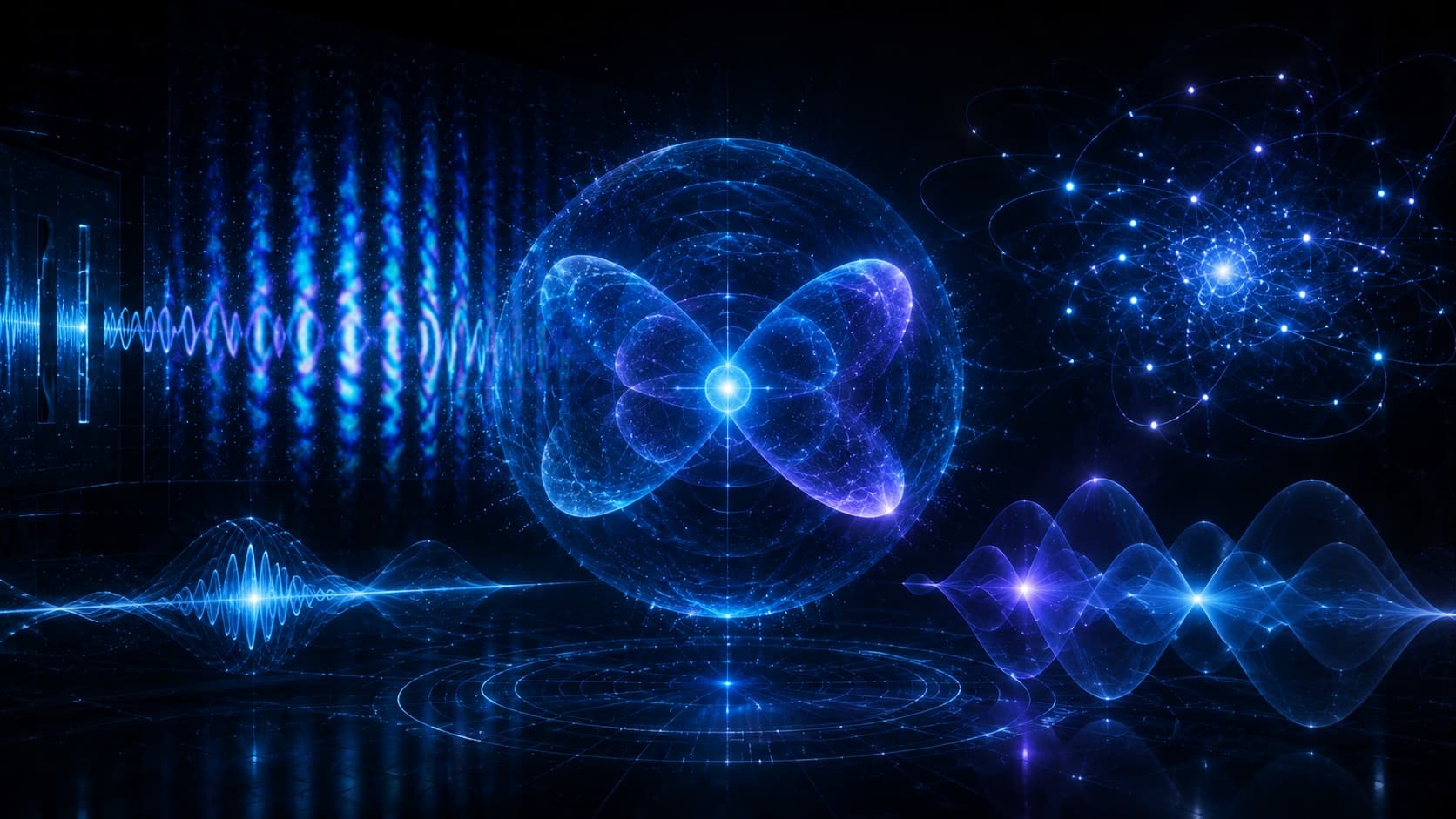 Abstract quantum wave interference patterns representing quantum mechanics