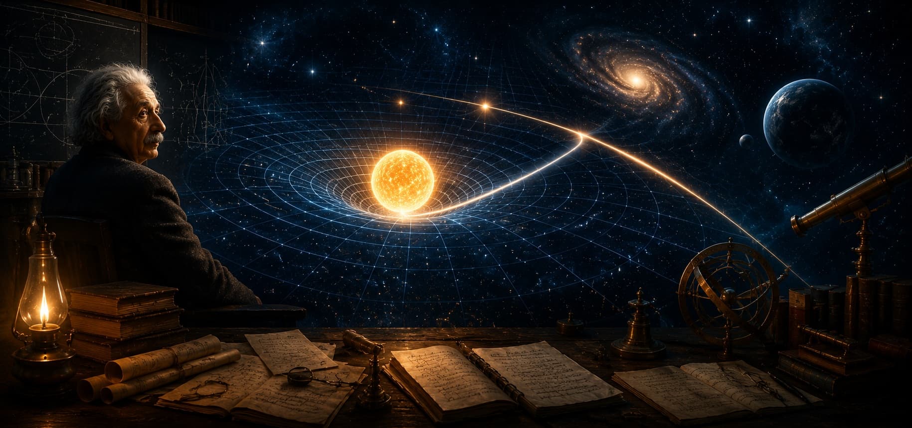 Wide cinematic banner showing curved spacetime around a glowing star, bending light, academic papers, and a subtle Einstein silhouette.