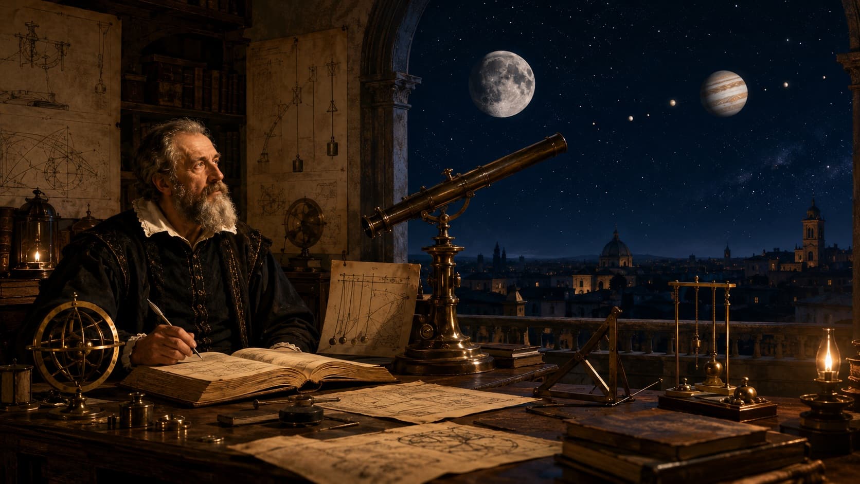 Wide cinematic banner of Galileo's observatory-like study with a telescope, Moon, Jupiter, orbiting moons, and motion diagrams.