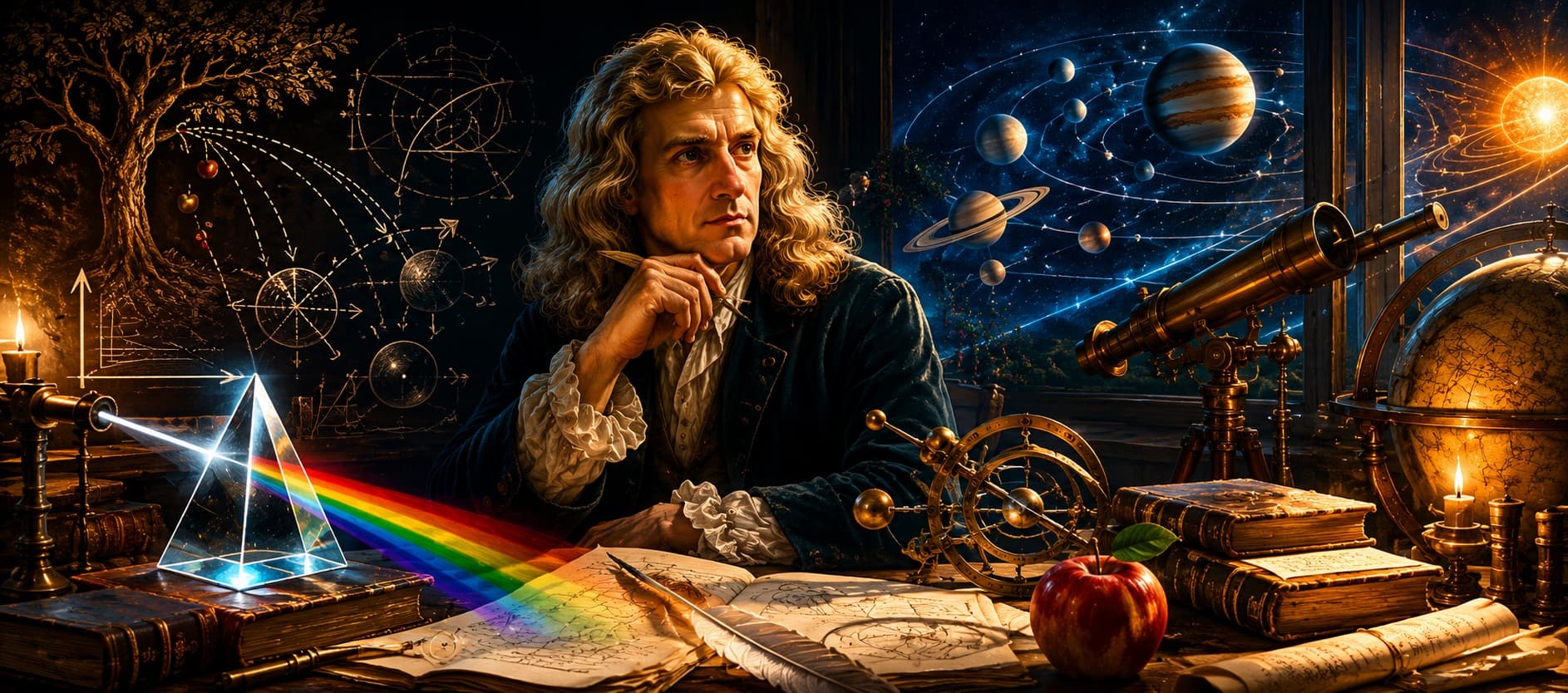 Wide cinematic banner of Isaac Newton's study with gravity diagrams, planetary orbits, prisms, old books, and scientific instruments.