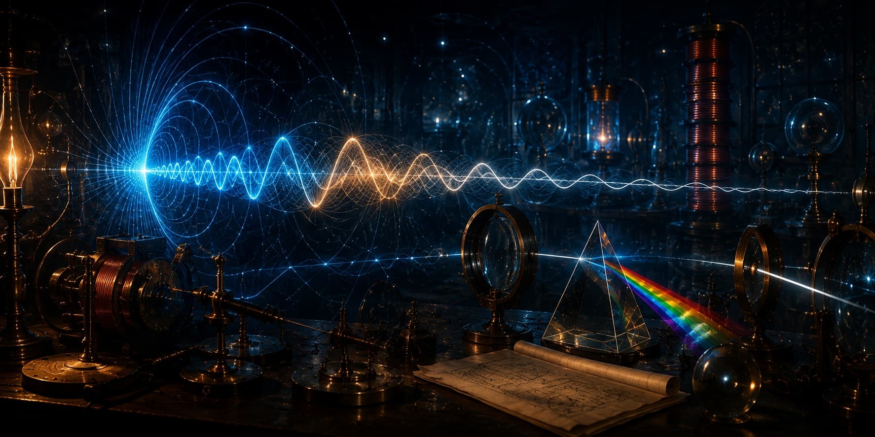 Wide cinematic banner showing electricity and magnetism unifying into light through glowing electromagnetic waves in a dark laboratory.