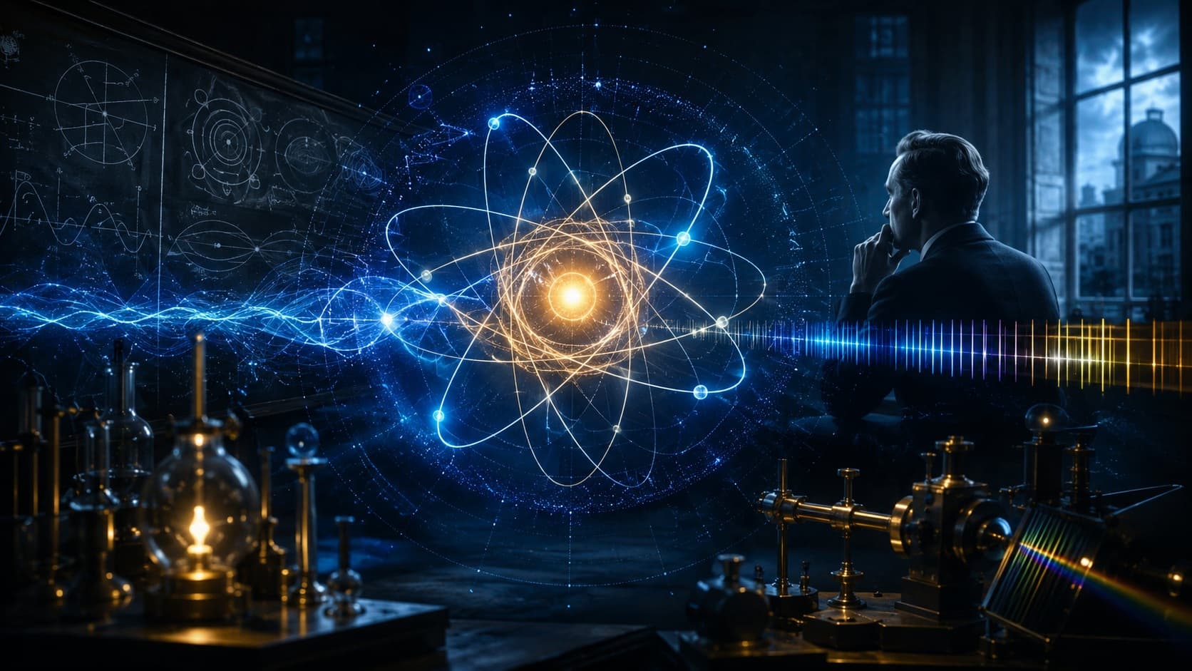 Wide cinematic banner showing a glowing atom, spectral light patterns, quantum diagrams, and an early modern physics laboratory.