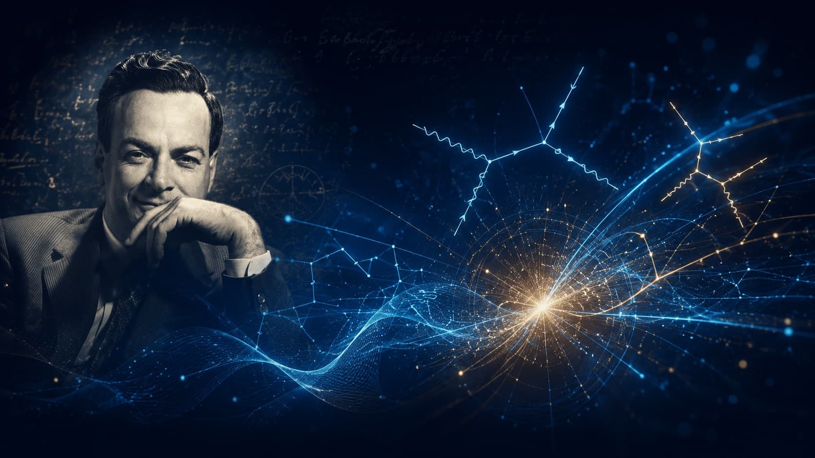 Wide cinematic banner showing Feynman diagrams, particle collision trails, quantum field lines, and a mid-century physics chalkboard atmosphere.