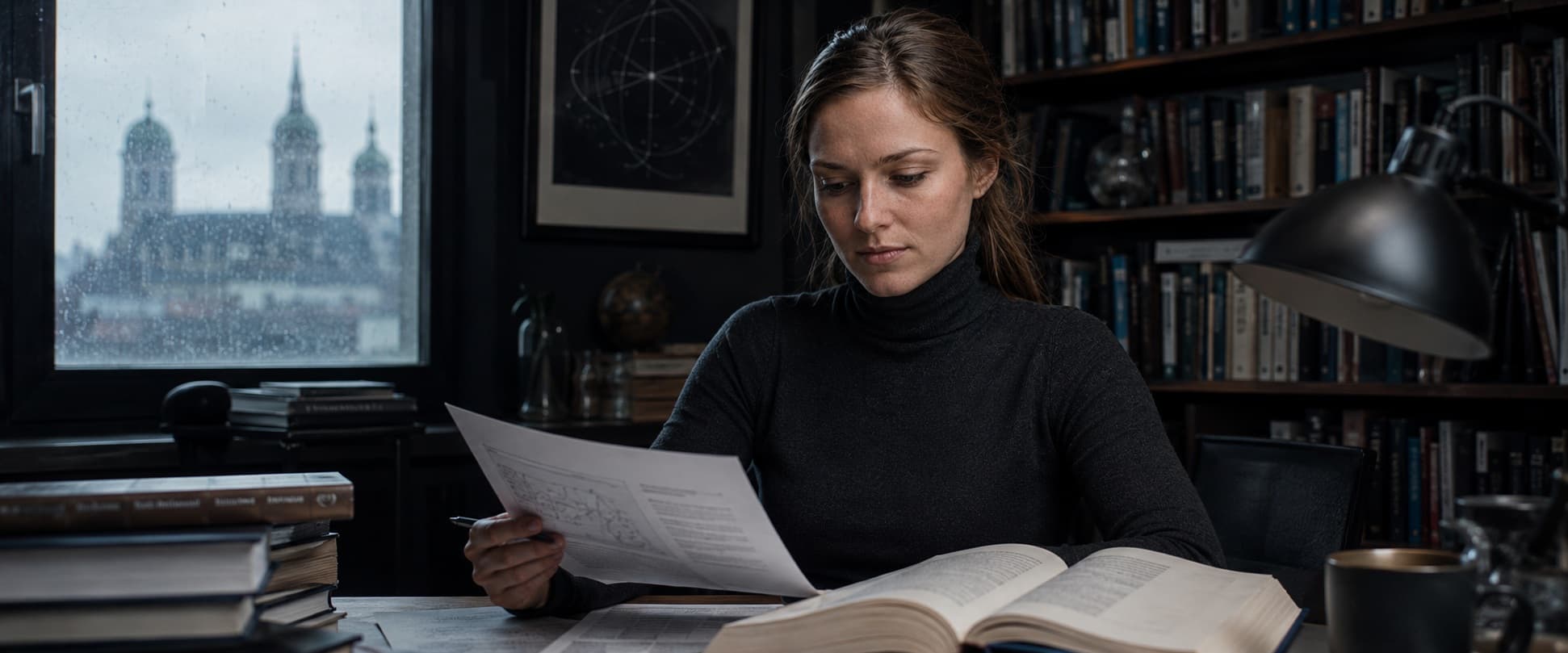 Dr. Elena Voss at her desk reviewing quantum optics research papers