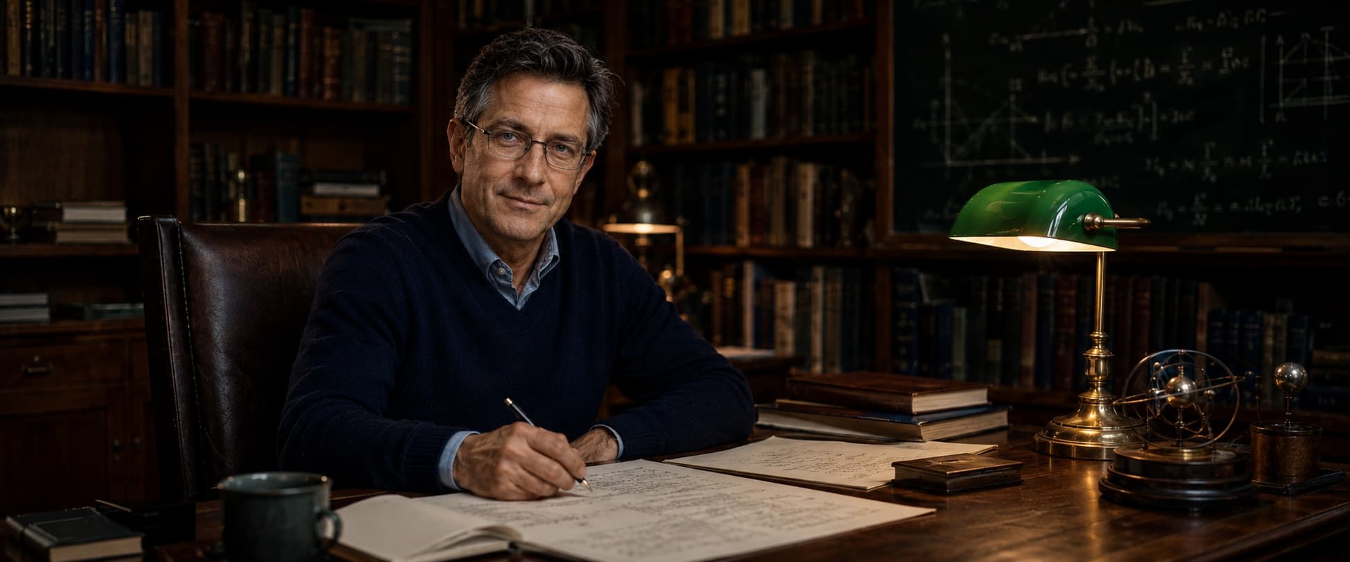 Dr. Isaac Rowan in his faculty office surrounded by physics textbooks and a chalkboard