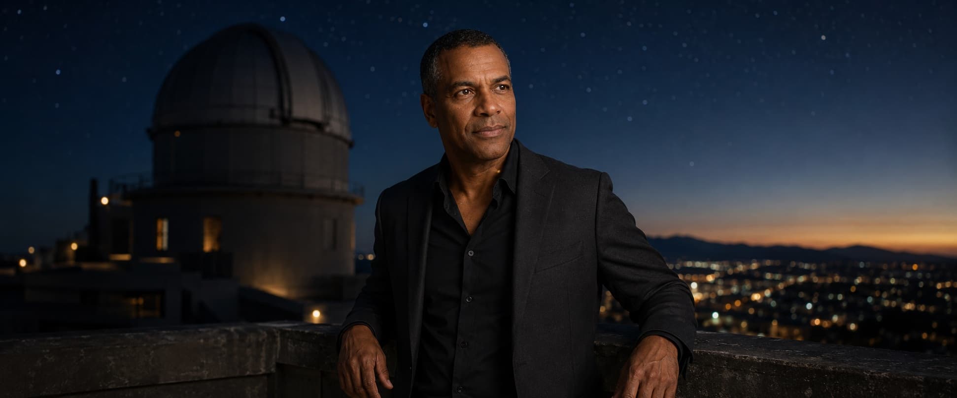 Dr. Marcus Hale at an observatory with a large telescope visible in the background