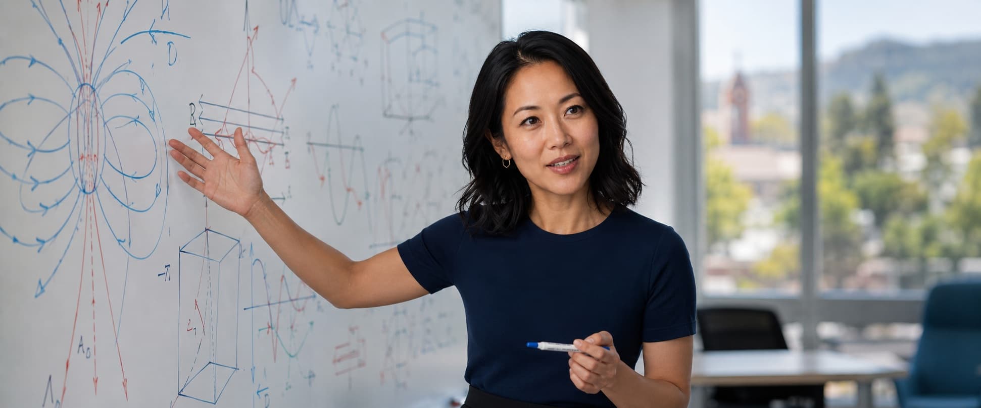 Dr. Maya Chen at a whiteboard covered in colorful electromagnetic field diagrams