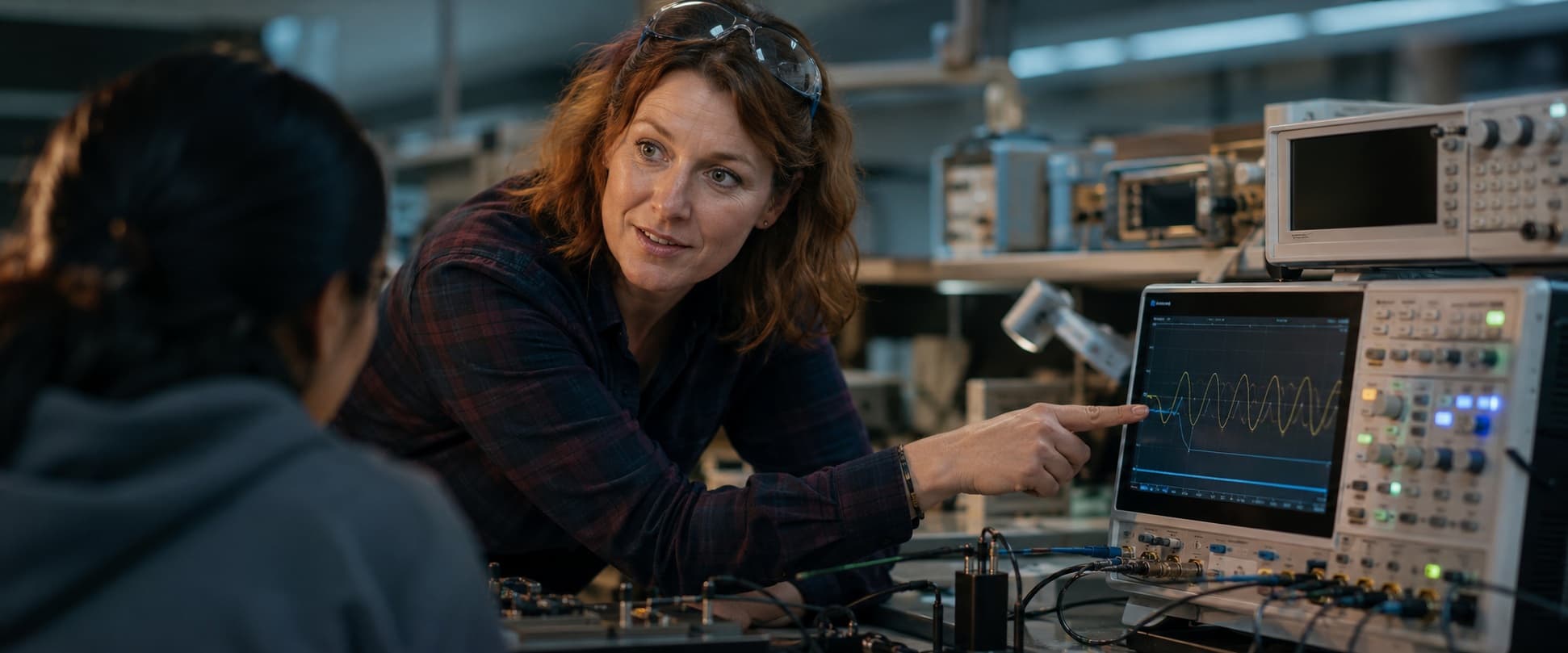 Prof. Ada Sinclair in a physics teaching laboratory with students working at benches in the background